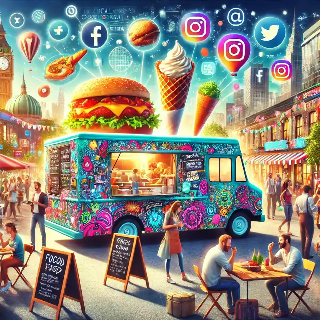 "Scène vibrante montrant un food truck animé dans un cadre urbain. Le food truck est décoré de graphismes colorés et sert des clients heureux. En arrière-plan, on aperçoit des points de repère locaux et le camion est entouré de personnes profitant de leurs repas. L'image inclut des éléments tels qu'un menu sur tableau noir, des plats délicieux et des icônes de médias sociaux indiquant une forte présence en ligne. L'atmosphère est conviviale et engageante, mettant l'accent sur la communauté et la saveur locale." Améliorez le référencement local de votre foodtruck