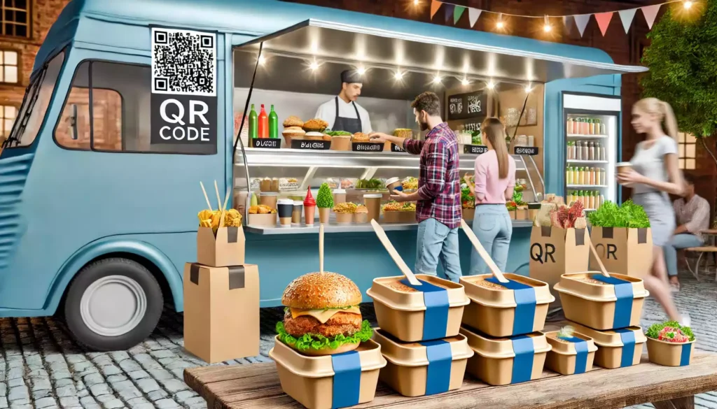 Assortiment d'emballages alimentaires pour food trucks, incluant divers plats tels que des burgers, sushis, salades, et boissons, présentés dans des contenants hermétiques et pratiques.