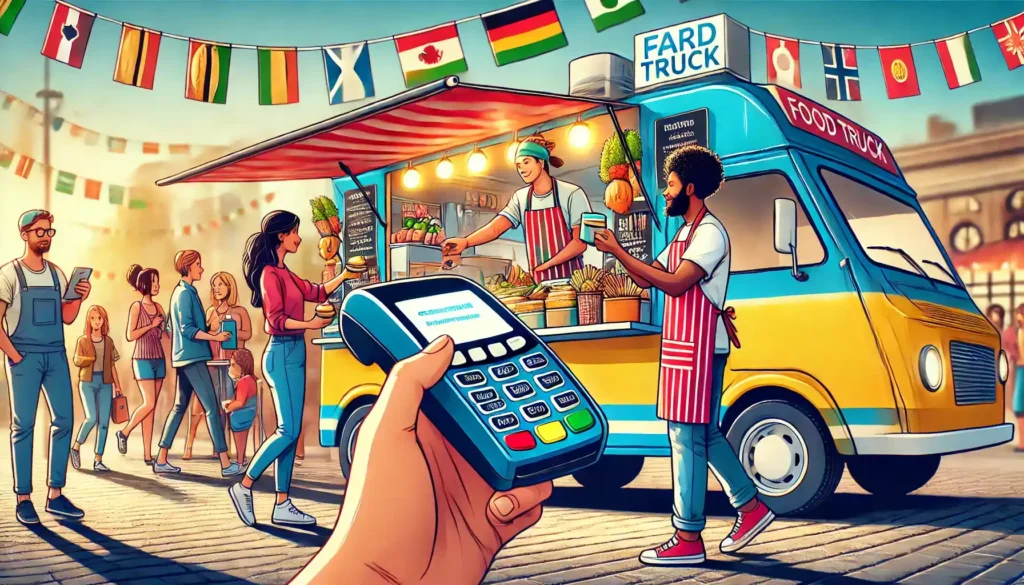 Illustration d'un food truck avec un commerçant acceptant le paiement par carte bancaire.
