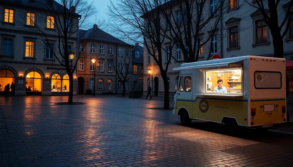 Un camion de vente à emporter garé sur une place de village à la tombée du jour, sa fenêtre de service éclairée