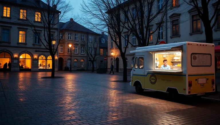 Un camion de vente à emporter garé sur une place de village à la tombée du jour, sa fenêtre de service éclairée