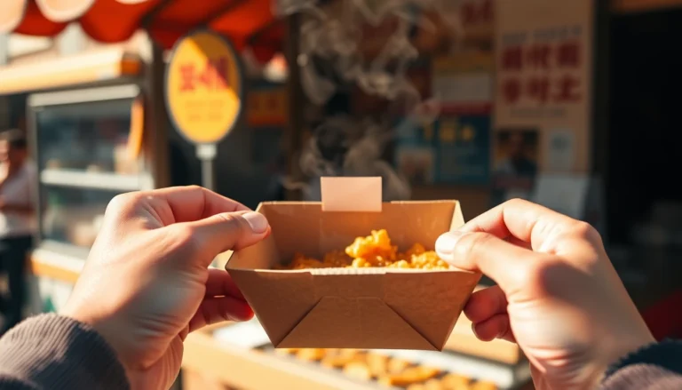 Deux mains tiennent une barquette en carton ouverte, une pastille vierge collée sur le couvercle