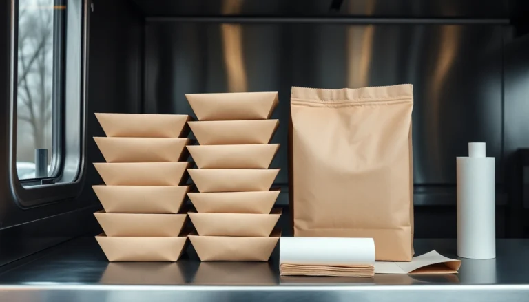 Des piles de barquettes en carton kraft et un sac papier posés sur un plan de travail en inox