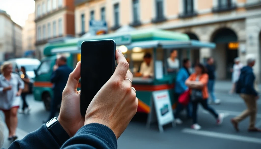 Une main tient un téléphone dans une rue, un camion de vente à emporter en arrière-plan