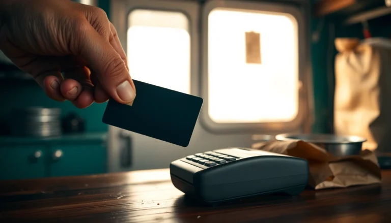 Une carte bancaire tenue par la tranche au-dessus d'un petit lecteur posé sur un comptoir en bois