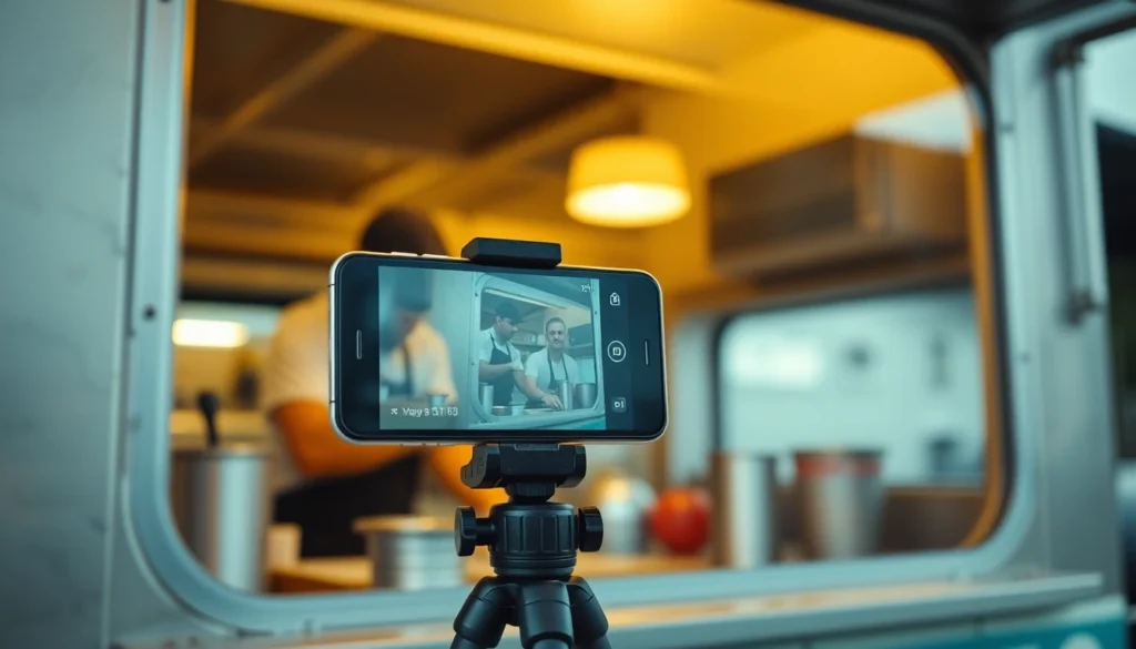Un téléphone monté sur un petit trépied filme la fenêtre de service d'un camion pendant la préparation