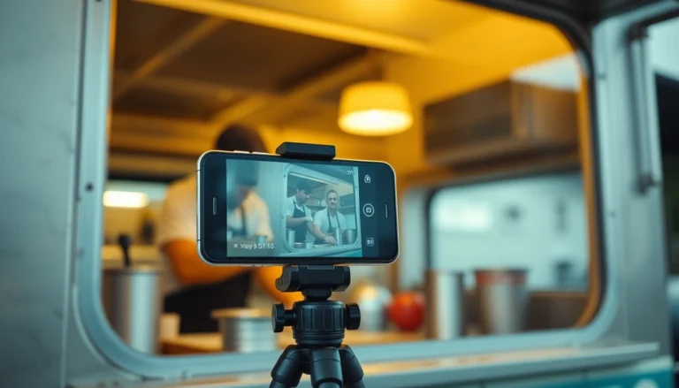 Un téléphone monté sur un petit trépied filme la fenêtre de service d'un camion pendant la préparation
